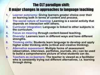 The CLT paradigm shift:
8 major changes in approaches to language teaching
1. Learner autonomy: Giving learners greater choice over their
on learning both in terms of content and process.
2. The social nature of learning: Learning is a social activity that
depends on interaction with others.
3. Curricular integration: Language is linked to other subjects in
the curriculum.
4. Focus on meaning through content-based teaching.
5. Diversity: Learners learn in different ways and have different
strengths.
6. Thinking skills: Students learn language to develop and apply
higher order thinking skills (critical and creative thinking).
7. Alternative assessment: Multiple forms of assessment
(observation, interviews, portfolios, journals, etc.) can be used
to build a comprehensive picture of what students can do.
8. Teachers as co-learners: The teacher is viewed as a facilitator
who is constantly trying out different alternatives, i.e. learning
through doing.
 