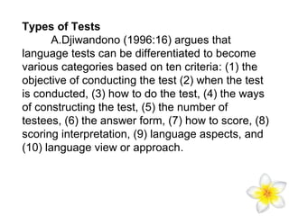 Types of Tests
A.Djiwandono (1996:16) argues that
language tests can be differentiated to become
various categories based on ten criteria: (1) the
objective of conducting the test (2) when the test
is conducted, (3) how to do the test, (4) the ways
of constructing the test, (5) the number of
testees, (6) the answer form, (7) how to score, (8)
scoring interpretation, (9) language aspects, and
(10) language view or approach.

 