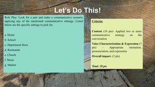 Let’s Do This!
Role Play: Look for a pair and make a communicative scenario
applying any of the mentioned communicative strategy. Listed
below are the specific settings to pick for.
a. Home
b. School
c. Department Store
d. Restaurant
e. Church
f. Street
g. Market
Criteria:
Content (10 pts)- Applied two or more
communicative strategy on the
conversation
Voice Characterization & Expression (7
pts) – Appropriate intonation,
pronunciation, and expression
Overall impact- (3 pts)
Total: 20 pts
 