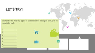 Enumerate the 7(seven) types of communicative strategies and give one
example for each.
1._______________
2._______________
3._______________
4._______________
5._______________
6._______________
7._______________
LET’S TRY!
 