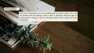 ASSIGNMENT
Directions: Pretend that you were travelling alone to another country. You were
not familiar with the language. Make a spiel or dialogues using the types of
communicative strategy to ask for directions politely from a group of locals
successfully.
 