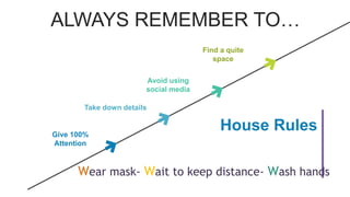 ALWAYS REMEMBER TO…
Avoid using
social media
Take down details
House Rules
Give 100%
Attention
Find a quite
space
Wear mask- Wait to keep distance- Wash hands
 