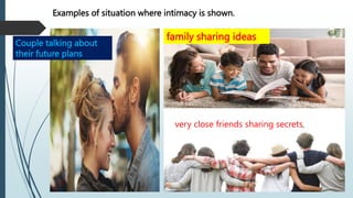 Examples of situation where intimacy is shown.
Couple talking about
their future plans
family sharing ideas
very close friends sharing secrets,
 