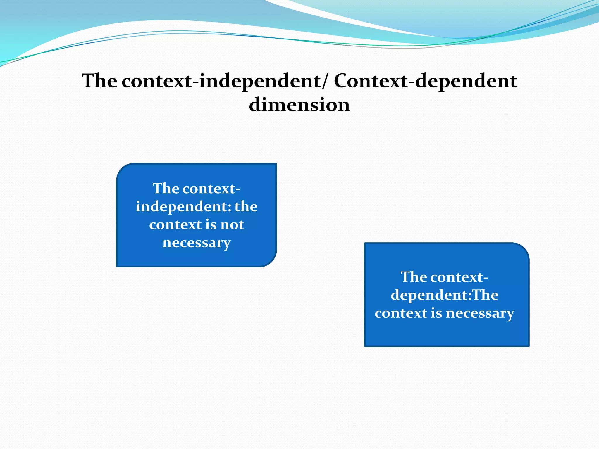 The context-independent/ Context-dependent
                 dimension



        The context-
     independent: the
       context is not
         necessary

                               The context-
                              dependent:The
                            context is necessary
 