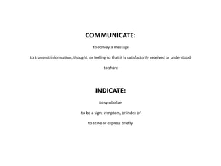 COMMUNICATE:
to convey a message
to transmit information, thought, or feeling so that it is satisfactorily received or understood
to share
INDICATE:
to symbolize
to be a sign, symptom, or index of
to state or express briefly
 