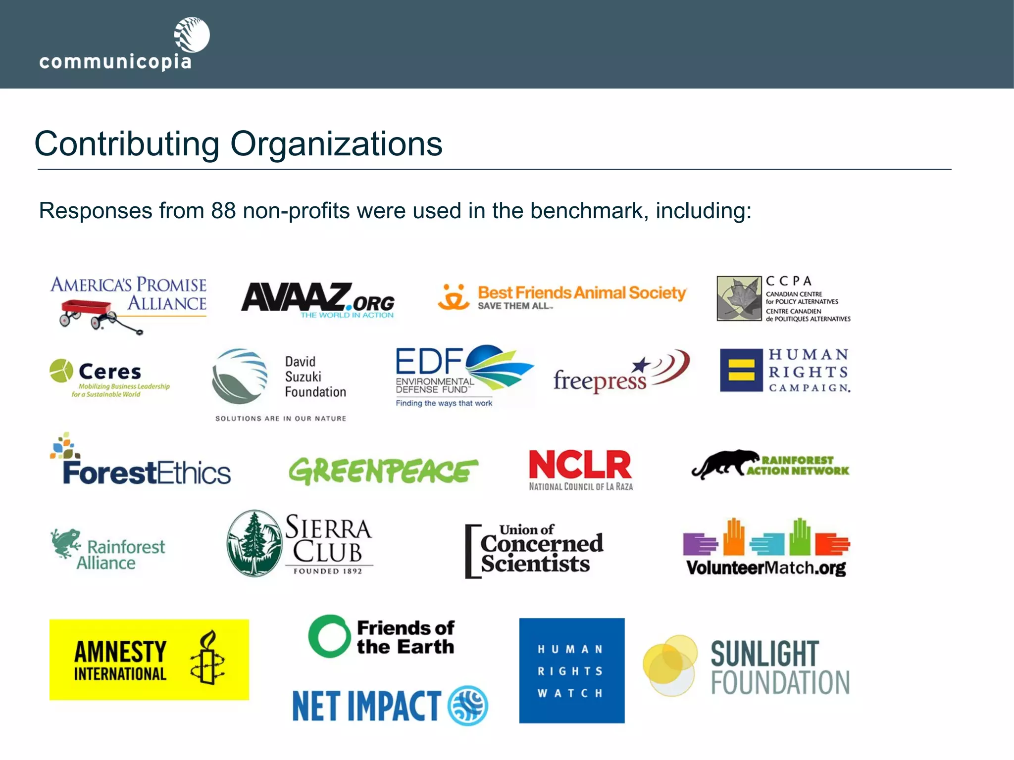Contributing Organizations
Responses from 88 non-profits were used in the benchmark, including:

 