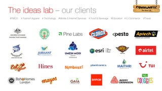 !
The ideas lab – our clients
#FMCG # Fashion Apparel # Technology #Mobile & Internet Services # Food & Beverage #Education # E-Commerce #Travel
 