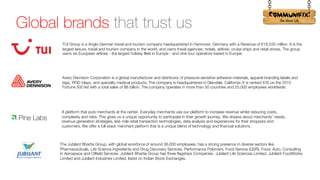 !
Global brands that trust us
TUI Group is a Anglo-German travel and tourism company headquartered in Hannover, Germany with a Revenue of €18,535 million. It is the
largest leisure, travel and tourism company in the world, and owns travel agencies, hotels, airlines, cruise ships and retail stores. The group
owns six European airlines - the largest holiday fleet in Europe - and nine tour operators based in Europe.
Avery Dennison Corporation is a global manufacturer and distributor of pressure-sensitive adhesive materials, apparel branding labels and
tags, RFID inlays, and specialty medical products. The company is headquartered in Glendale, California. It is ranked 435 on the 2015
Fortune 500 list with a total sales of $6 billion. The company operates in more than 50 countries and 25,000 employees worldwide.
The Jubilant Bhartia Group, with global workforce of around 36,000 employees, has a strong presence in diverse sectors like
Pharmaceuticals, Life Science Ingredients and Drug Discovery Services, Performance Polymers, Food Service (QSR), Food, Auto, Consulting
in Aerospace and Oilfield Services. Jubilant Bhartia Group has three flagships Companies- Jubilant Life Sciences Limited, Jubilant FoodWorks
Limited and Jubilant Industries Limited, listed on Indian Stock Exchanges.
A platform that puts merchants at the center. Everyday merchants use our platform to increase revenue whilst reducing costs,
complexity and risks. This gives us a unique opportunity to participate in their growth journey. We obsess about merchants’ needs,
revenue generation strategies, last-mile retail transaction technologies, data analysis and experiences for their shoppers and
customers. We offer a full-stack merchant platform that is a unique blend of technology and financial solutions.
 