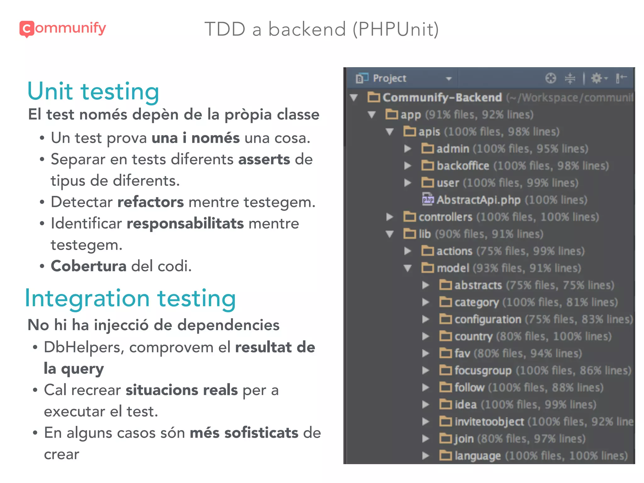 TDD a backend (PHPUnit)
Unit testing
El test només depèn de la pròpia classe
• Un test prova una i només una cosa.
• Separar en tests diferents asserts de
tipus de diferents.
• Detectar refactors mentre testegem.
• Identificar responsabilitats mentre
testegem.
• Cobertura del codi.
Integration testing
No hi ha injecció de dependencies
• DbHelpers, comprovem el resultat de
la query
• Cal recrear situacions reals per a
executar el test.
• En alguns casos són més soﬁsticats de
crear
 