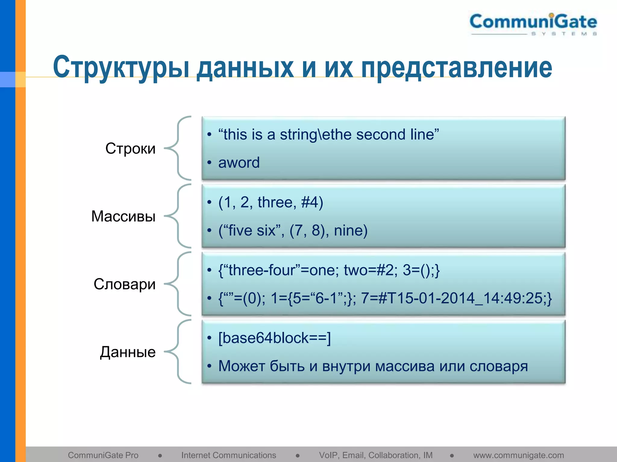 Структуры данных и их представление
• “this is a stringethe second line”

Строки

• aword
• (1, 2, three, #4)

Массивы

• (“five six”, (7, 8), nine)
• {“three-four”=one; two=#2; 3=();}

Словари

• {“”=(0); 1={5=“6-1”;}; 7=#T15-01-2014_14:49:25;}
• [base64block==]

Данные

CommuniGate Pro

• Может быть и внутри массива или словаря

●

Internet Communications

●

VoIP, Email, Collaboration, IM

●

www.communigate.com

 