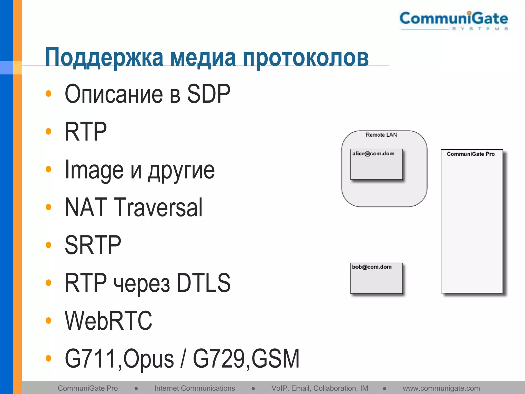 Поддержка медиа протоколов
• Описание в SDP
• RTP
• Image и другие
• NAT Traversal
• SRTP
• RTP через DTLS
• WebRTC
• G711,Opus / G729,GSM
CommuniGate Pro

●

Internet Communications

●

VoIP, Email, Collaboration, IM

●

www.communigate.com

 
