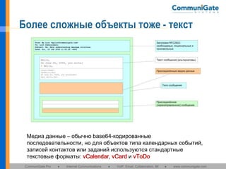 Более сложные объекты тоже - текст

Медиа данные – обычно base64-кодированные
последовательности, но для объектов типа календарных событий,
записей контактов или заданий используются стандартные
текстовые форматы: vCalendar, vCard и vToDo
CommuniGate Pro

●

Internet Communications

●

VoIP, Email, Collaboration, IM

●

www.communigate.com

 