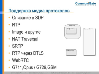 Поддержка медиа протоколов
• Описание в SDP
• RTP
• Image и другие
• NAT Traversal
• SRTP
• RTP через DTLS
• WebRTC
• G711,Opus / G729,GSM
CommuniGate Pro

●

Internet Communications

●

VoIP, Email, Collaboration, IM

●

www.communigate.com

 