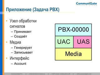 Приложение (Задача PBX)
• Узел обработки
сигналов
– Принимает
– Создаёт

• Медиа
– Генерирует
– Записывает

• Интерфейс
– Account
CommuniGate Pro

●

Internet Communications

●

VoIP, Email, Collaboration, IM

●

www.communigate.com

 