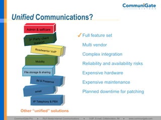 Unified  Communications?  IP Telephony & PBX email IM & Presence File storage & sharing Mobility Roadwarrior VoIP 3 rd  Party client support Admin & selfcare Other “unified” solutions ✓ Full feature set Multi vendor Complex integration Reliability and availability risks Expensive hardware Expensive maintenance Planned downtime for patching 