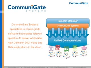 CommuniGate Systems specializes in carrier-grade software that enables telecom operators to deliver white-label High Definition (HD) Voice and Data applications in the cloud. 