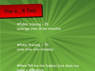 The A , B Test 
•Public training - 2% 
(average over three months) 
•Pubic Training – 7% 
(one time only mistake) 
•Now Tell me the Subject Line does not 
make a difference 
 