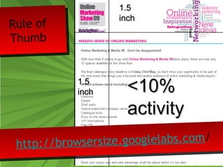 Rule of 
Thumb 
11..55 
iinncchh 
11..55 
iinncchh 
<<1100%% 
aaccttiivviittyy 
http://browsersize.googlelabs.com/ 
 
