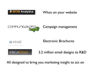 Whos on your website 
Campaign management 
Electronic Brochures 
3.2 million email designs to R&D 
All designed to bring you marketing insight to act on 
 