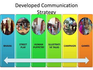 Developed Communication
Strategy
BHAVAI
STREET
PLAY
HUMAN
PUPPETRY
ILLUSTRATI
VE TALKS
CAMPAIGN GAMES
 