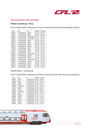 Pour la journée de lundi, 6 juin 2016
Relation Luxembourg – Nancy
Suite à la grève SNCF, uniquement les trains suivants circuleront entre Luxembourg et Nancy.
Relation Nancy – Luxembourg
Suite à la grève SNCF, uniquement les trains suivants circuleront entre Nancy et Luxembourg.
 