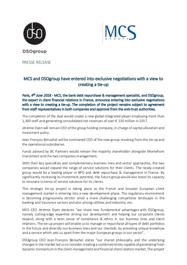 le groupe mcs et dsogroup entrent en négotiation exclusive en vue de …