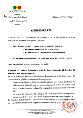 Sénégal - Covid 19 : Communiqué N 37 du 07 avril 2020