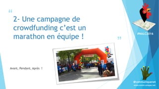 #NALC2016
www.comm-unique.net
@communiquenet
“
”
2- Une campagne de
crowdfunding c’est un
marathon en équipe !
Avant, Pendant, Après !
 