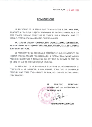 Communiqué prc libération otages français #KidnapCmr