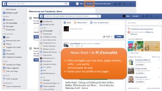 14
News feed = le fil d’actualité
=> Infos partagées par nos amis, pages aimées…
- enfin… une partie
- entrecoupée de pub
=> Existe pour les profils et les pages.
 