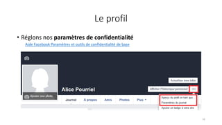 Le profil
• Réglons nos paramètres de confidentialité
Aide Facebook Paramètres et outils de confidentialité de base
18
 
