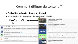 Comment diffuser du contenu ?
> Publication indirecte : depuis un site web
• Via 1 module / 1 extension de navigateur dédiée
48
Firefox Chrome
 