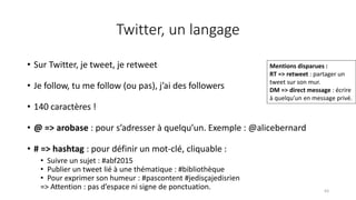 Twitter, un langage
• Sur Twitter, je tweet, je retweet
• Je follow, tu me follow (ou pas), j’ai des followers
• 140 caractères !
• @ => arobase : pour s’adresser à quelqu’un. Exemple : @alicebernard
• # => hashtag : pour définir un mot-clé, cliquable :
• Suivre un sujet : #abf2015
• Publier un tweet lié à une thématique : #bibliothèque
• Pour exprimer son humeur : #pascontent #jedisçajedisrien
=> Attention : pas d’espace ni signe de ponctuation. 63
Mentions disparues :
RT => retweet : partager un
tweet sur son mur.
DM => direct message : écrire
à quelqu’un en message privé.
 