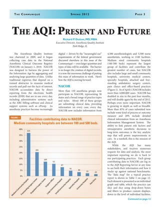 The Communiqué	 Spring 2012	Page 3
	 The Anesthesia Quality Institute
was chartered in 2009, and it began
collecting case data in the National
Anesthesia Clinical Outcome Registry
(NACOR) on January 1, 2010. NACOR
was designed to harness the power of
the Information Age by aggregating and
analyzing large quantities of data. Unlike
traditional registries that depend on a
trained abstractor to examine medical
records and pull out the facts of interest,
NACOR accumulates data by direct
reporting from the electronic health
records (EHR) that are in use every day,
including administrative systems such
as the ABC billing software and clinical
support systems such as ePreop. As
anesthesia practices become increasingly
digital — driven by the “meaningful use”
requirements of the federal government
discussed elsewhere in this issue of the
Communiqué — even larger quantities and
types of data will be available. The barrier
is no longer the creation of digital records;
it is now the enormous challenge of putting
this mass of information to work. Here’s
how the AQI is moving forward:
NACOR
More than 150 anesthesia groups now
participate in NACOR, representing 38
states and a broad range of practice types
and styles. About 100 of these groups
are submitting clinical data, providing
information on every case, every day.
NACOR now includes information from
4,500 anesthesiologists and 3,500 nurse
anesthetists, working in 1100 facilities.
Medium sized community hospitals
(100-500 beds) represent the largest
group of facilities and contribute the
greatest number of cases, but NACOR
also includes large and small community
hospitals, university medical centers,
specialty hospitals, attached and free-
standing ambulatory surgery centers,
pain clinics and office-based practices
(Figure1). AsofApril1,NACORincludes
more than 4,000,000 cases. NACOR has
doubled in size in the past four months,
and will double again by the end of 2012.
Perhaps even more important, NACOR
is growing in depth as well as breadth.
More than 85% of cases submitted now
include some kind of process or outcome
measure and 20% include detailed
clinical information from an Anesthesia
Information Management System. The
ability to link patient risk factors and
intraoperative anesthetic decisions to
long-term outcomes is the key analytic
step that will power improvements in
care. In a nutshell, this is the mission of
the AQI.
	 While the AQI has many
stakeholders, and receives numerous
requests for data and analysis, the most
important reporting we do is back to
our participating practices. Each group
contributing data to NACOR can log in
to the AQI Reporting Server at any time
to see both their information and how it
stacks up against national benchmarks.
The “data map” for a typical practice
report is shown in Table 1 on page 12.
Each element is presented as an individual
graph and table, which the practice can
slice and dice using drop-down boxes
and filters to produce custom displays,
down to the level of individual facilities,
The AQI: Present and Future
Richard P. Dutton, MD, MBA
Executive Director, Anesthesia Quality Institute
Park Ridge, IL
Continued on page 12
FIGURE 1
Facilities contributing data to NACOR.
Medium community hospitals are between 100 and 500 beds.
 