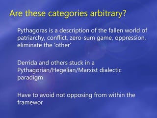 Are these categories arbitrary?
Pythagoras is a description of the fallen world of
patriarchy, conflict, zero-sum game, oppression,
eliminate the ‘other’
Derrida and others stuck in a
Pythagorian/Hegelian/Marxist dialectic
paradigm
Have to avoid not opposing from within the
framewor
 