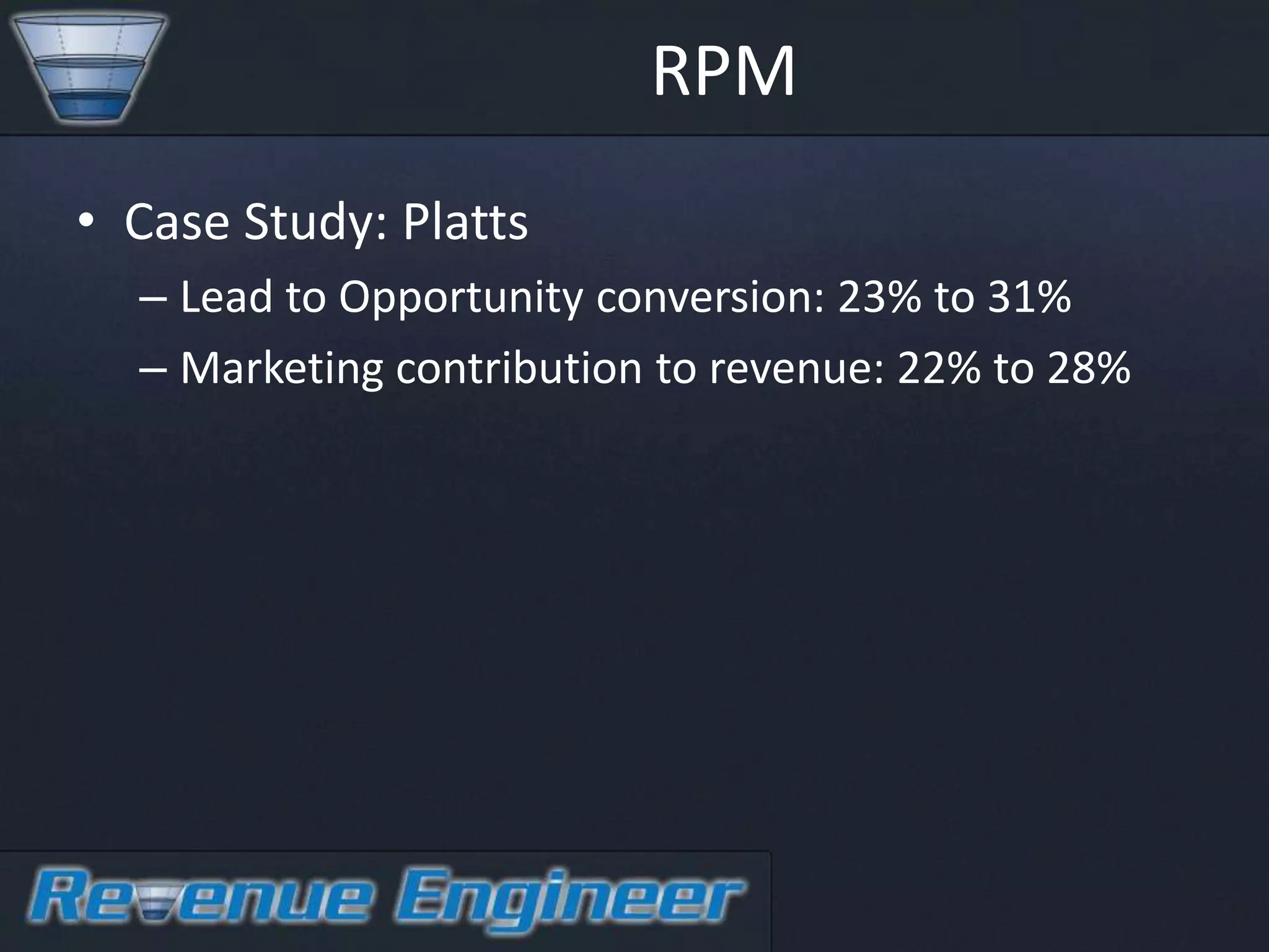 RPM
• Case Study: Platts
  – Lead to Opportunity conversion: 23% to 31%
  – Marketing contribution to revenue: 22% to 28%
 
