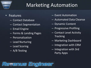 Marketing Automation
• Features                    – Event Automation
  –   Contact Database        – Automated Data Cleanse
  –   Contact Segmentation    – Dynamic Content
  –   Email Engine            – Progressive Profiling
  –   Forms & Landing Pages   – Contact Level Activity
  –   Personalization           Tracking
  –   Lead Nurturing          – Marketing Dashboard
  –   Lead Scoring            – Integration with CRM
  –   A/B Testing             – Integration with 3rd
                                Party Apps
 