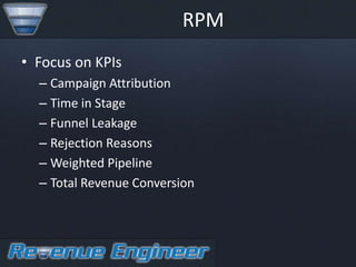 RPM
• Focus on KPIs
  – Campaign Attribution
  – Time in Stage
  – Funnel Leakage
  – Rejection Reasons
  – Weighted Pipeline
  – Total Revenue Conversion
 