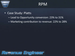 RPM
• Case Study: Platts
  – Lead to Opportunity conversion: 23% to 31%
  – Marketing contribution to revenue: 22% to 28%
 