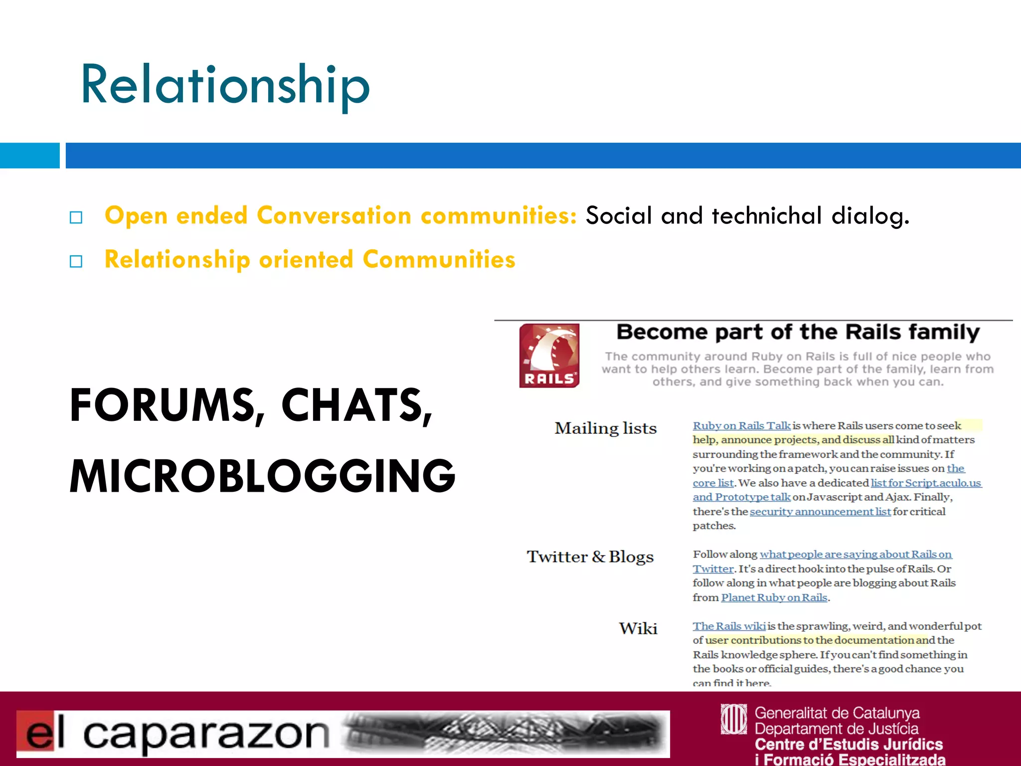 Relationship
   Open ended Conversation communities: Social and technichal dialog.
   Relationship oriented Communities




FORUMS, CHATS,
MICROBLOGGING
 