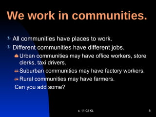 We work in communities. All communities have places to work. Different communities have different jobs. Urban communities may have office workers, store clerks, taxi drivers. Suburban communities may have factory workers.  Rural communities may have farmers. Can you add some? c. 11-02 KL 