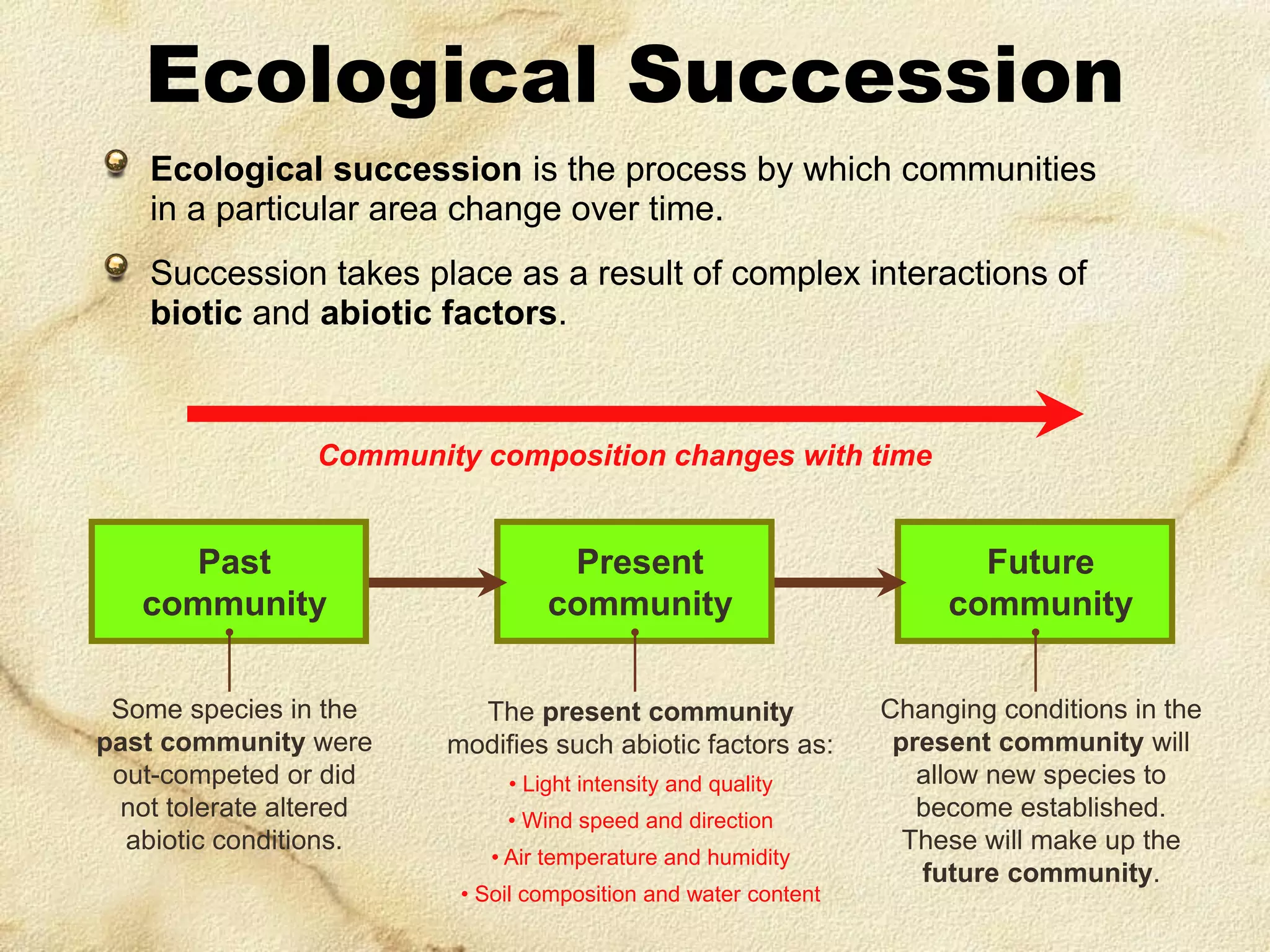 Ecological Succession
Ecological succession is the process by which communities
in a particular area change over time.
Succession takes place as a result of complex interactions of
biotic and abiotic factors.

Community composition changes with time

Past
community

Present
community

Future
community

Some species in the
past community were
out-competed or did
not tolerate altered
abiotic conditions.

The present community
modifies such abiotic factors as:

Changing conditions in the
present community will
allow new species to
become established.
These will make up the
future community.

• Light intensity and quality
• Wind speed and direction

• Air temperature and humidity
• Soil composition and water content

 