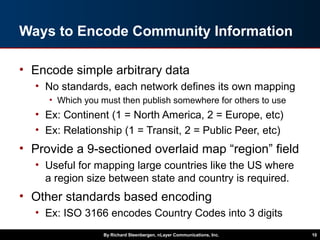 Ways to Encode Community Information
• Encode simple arbitrary data
• No standards, each network defines its own mapping
• Which you must then publish somewhere for others to use
• Ex: Continent (1 = North America, 2 = Europe, etc)
• Ex: Relationship (1 = Transit, 2 = Public Peer, etc)
• Provide a 9-sectioned overlaid map “region” field
• Useful for mapping large countries like the US where
a region size between state and country is required.
• Other standards based encoding
• Ex: ISO 3166 encodes Country Codes into 3 digits
By Richard Steenbergen, nLayer Communications, Inc. 10
 