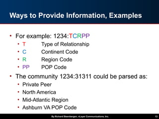 Ways to Provide Information, Examples
• For example: 1234:TCRPP
• T Type of Relationship
• C Continent Code
• R Region Code
• PP POP Code
• The community 1234:31311 could be parsed as:
• Private Peer
• North America
• Mid-Atlantic Region
• Ashburn VA POP Code
By Richard Steenbergen, nLayer Communications, Inc. 13
 