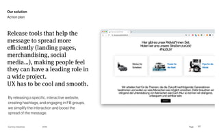 Page
Gummy Industries 107
Release tools that help the
message to spread more
eﬃciently (landing pages,
merchandising, social
media…), making people feel
they can have a leading role in
a wide project.
UX has to be cool and smooth.
2019
Our solution
Action plan
By releasing a specific, interactive website,
creating hashtags, and engaging in FB groups,
we simplify the interaction and boost the
spread of the message.
 