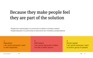 Page
Gummy Industries 30
Because they make people feel  
they are part of the solution
2019
People don’t partecipate in a community to obtain a monetary reward. 
People take part in a community to have some non-monetary compensations.
1. 
Reputation
I am active because I want
to feel respected
2. 
Self esteem
I am active because it makes
me feel a better person
3. 
Social capital 
I am active because I want
to build a group of people
 
