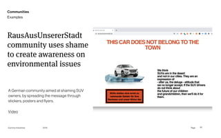 Page
Gummy Industries 43
RausAusUnsererStadt
community uses shame
to create awareness on
environmental issues
A German community aimed at shaming SUV
owners, by spreading the message through
stickers, posters and flyers.
Video
2019
Communities
Examples
 