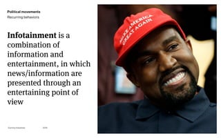 Page
Gummy Industries 49
Infotainment is a
combination of
information and
entertainment, in which
news/information are
presented through an
entertaining point of
view
2019
Political movements
Recurring behaviors
 