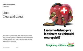 Page
Gummy Industries 55
UDC 
Clear and direct
2019
The message from the UDC is straightforward
and can be understood without too many filters.
Simple but efficient, that is what characterises
a well-built message
Political movements
Examples
 