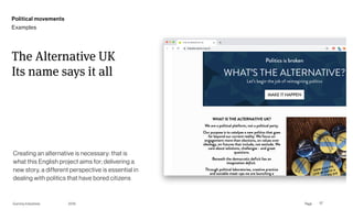 Page
Gummy Industries 57
The Alternative UK
Its name says it all
2019
Creating an alternative is necessary: that is
what this English project aims for; delivering a
new story, a different perspective is essential in
dealing with politics that have bored citizens
Political movements
Examples
 
